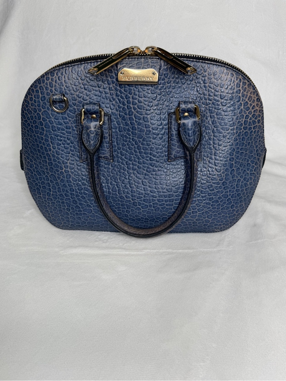 Burberry Navy Orchard Grained Calfskin Bowling Satchel Bag